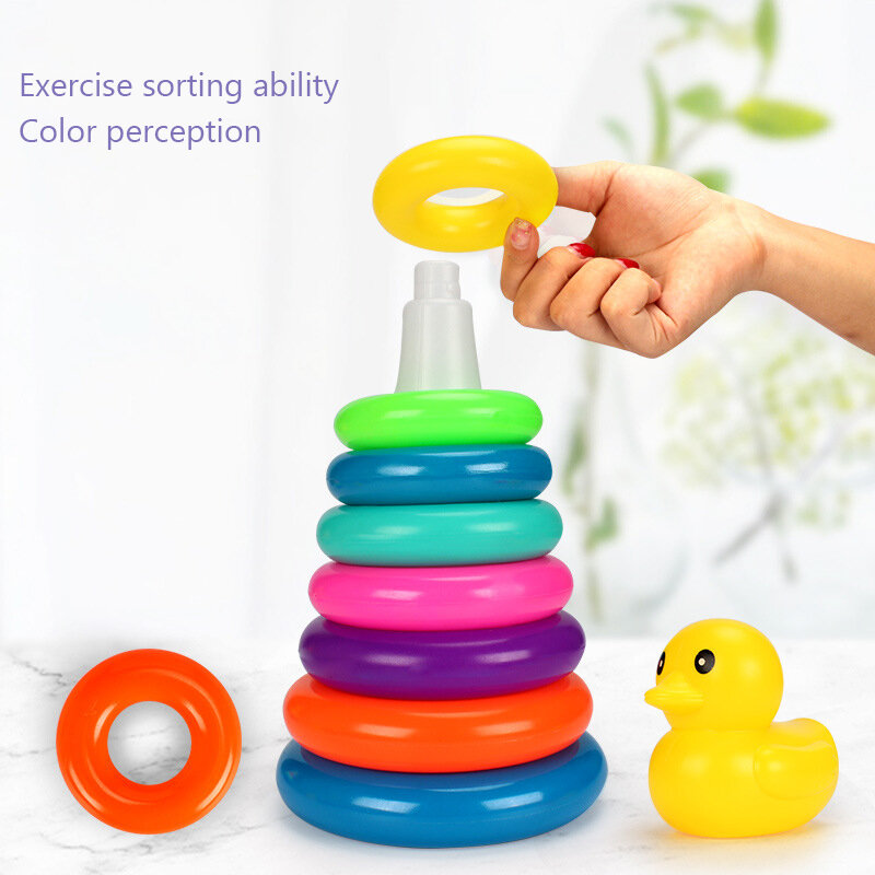 Adorable Yellow Duck Toy Color Stacking Rings Tower Toy Kids Toddler Bath Tub Play Toy Gift Baby Elatric Toys Stacking Cups