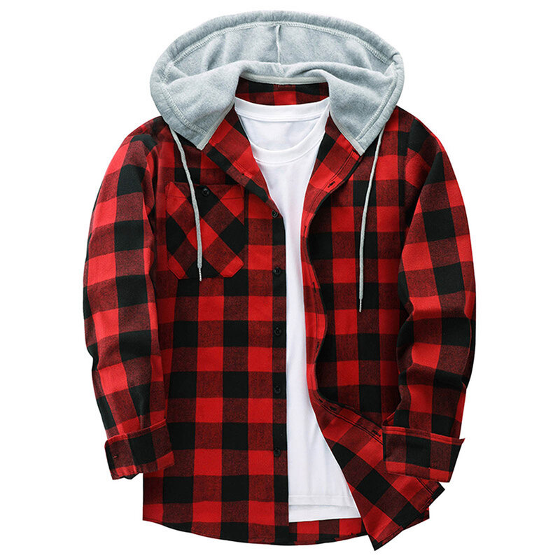 Fashion Mens Plaid Long Sleeve Hooded Shirts Patchwork Buttons Pocket Man Shirts Coat Work Casual Male Tops Cardigan