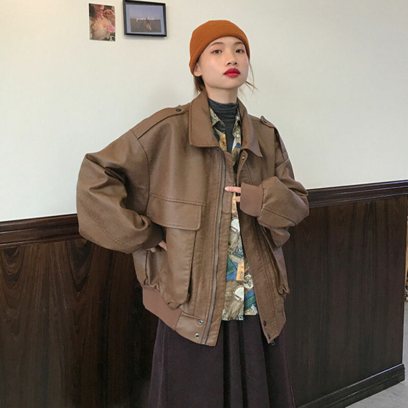 Female Solid Color Vintage Couple Leather Coat Turn-down Collar Pocket Zipper Women's Coat 2023 Loose Casual Long Sleeved Coat