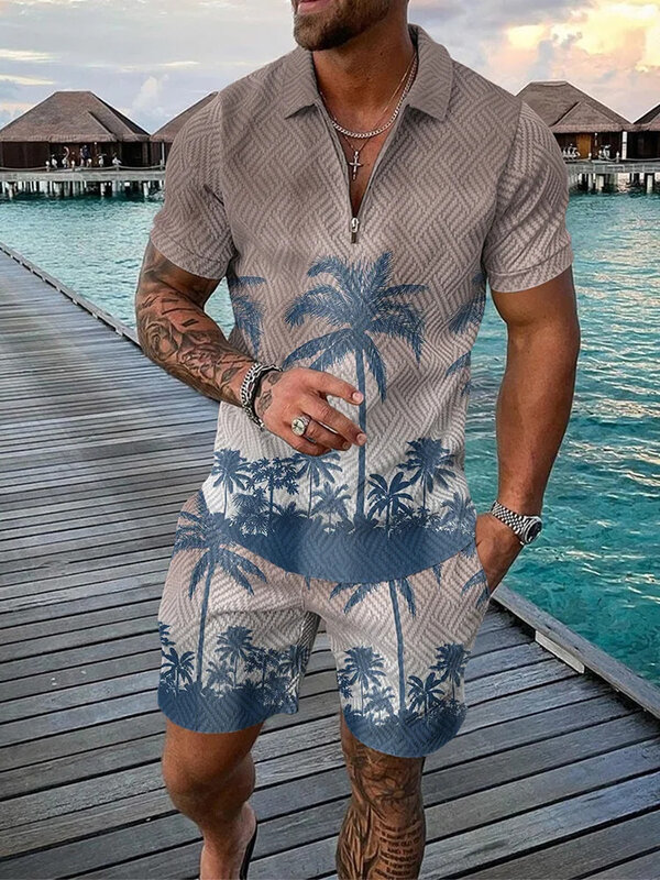 Hawajski dres koszulki Polo plażowe z nadrukiem 3D zestawy z krótkimi spodenkami 2-częściowe męskie koszulka z krótkim rękawkiem zestaw spodni garnitury męskie Clothi