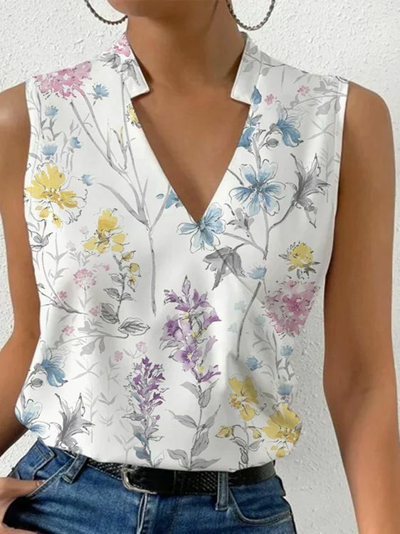 Modny dekolt w serek bez rękawów drukuj damskie topy i bluzki 2023, letni Casual biały podkoszulek Femme koszula bluzka
