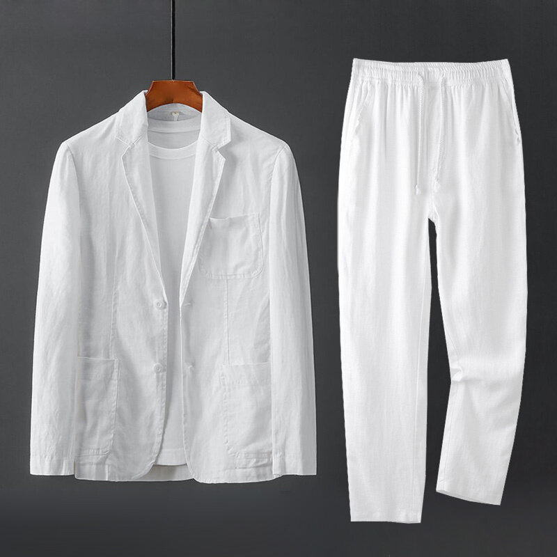 Wysokiej jakości męska marynarka kurtka i spodnie męska lniana 2-częściowy garnitur wiosna lato cienki stylowy moda zestaw na co dzień długi rękaw