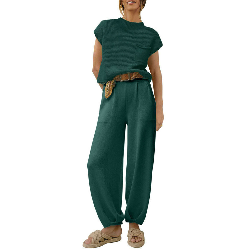 Женский комплект из двух предметов, трикотажная футболка с коротким рукавом и круглым вырезом, пуловер и штаны с высокой талией, 2024