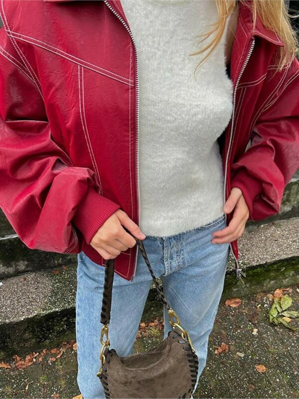 Women Fashion Red PU Leather Bomber Jacket Vintage Turn-down Collar Zipper Patchwork Short Coat 2023 Autumn Fashion Streetwear