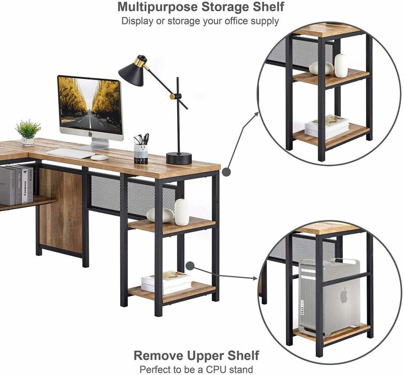 Fatorri โต๊ะคอมพิวเตอร์รูปตัว L สำหรับสำนักงานบ้านโต๊ะทำงานอุตสาหกรรมพร้อมชั้นวางไม้กลับด้านได้และโต๊ะมุมโลหะ