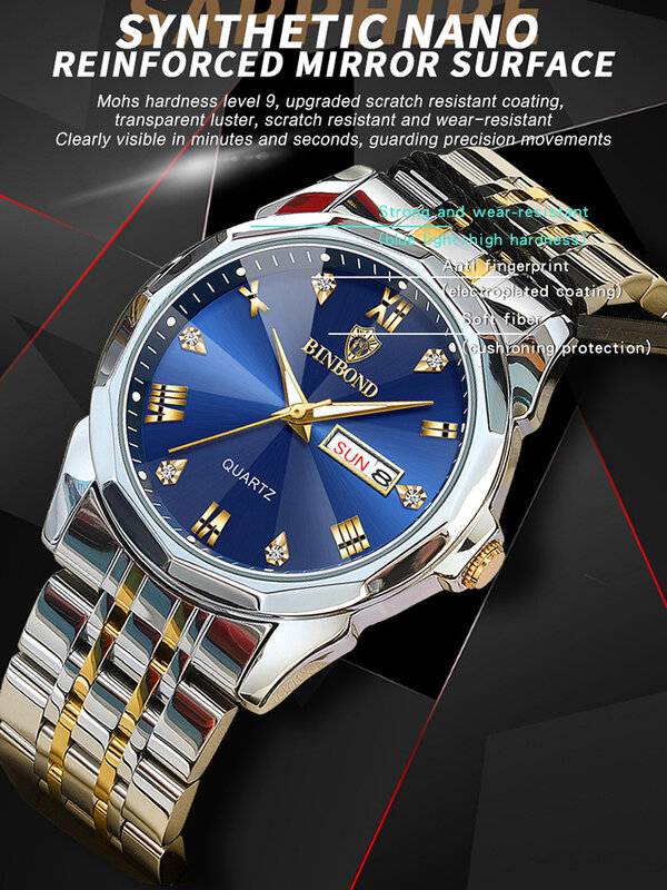 Luxury Blue Men's Watches 2023 New Top Brand Gold Stainless Steel Waterproof Luminous Date Week Business Wristwatch Reloj Hombre