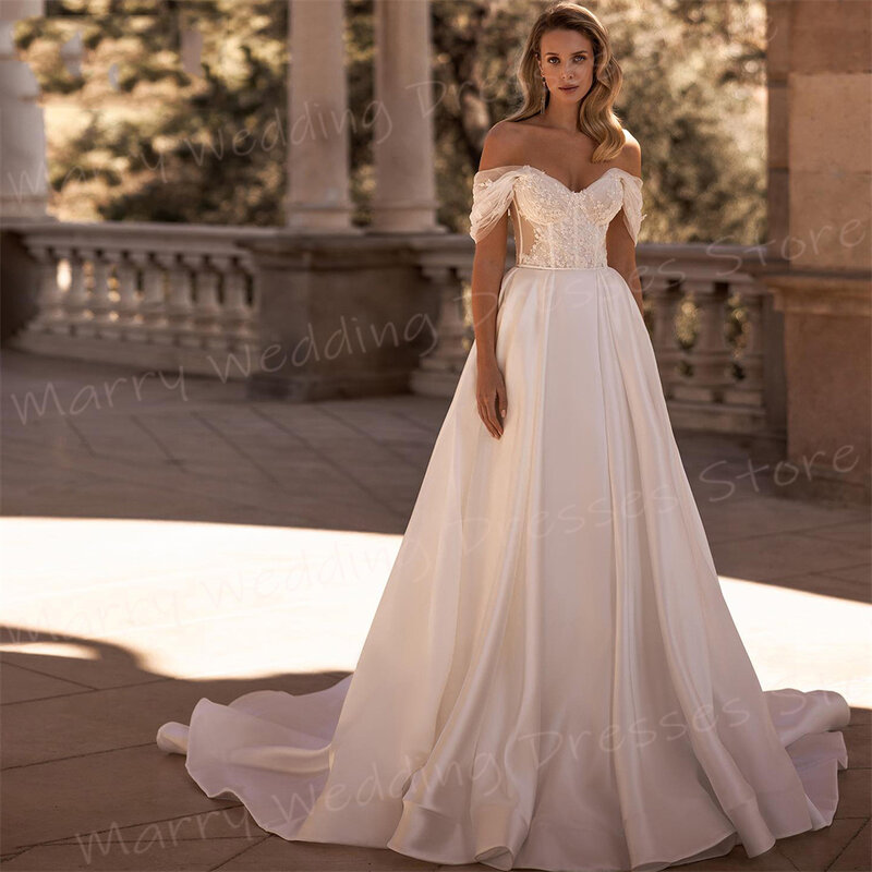2024 Modest Simple A Line Women's Wedding Dresses Elegant Appliques Lace Bride Gowns Modern Off The Shoulder فساتين حفلات الزفاف