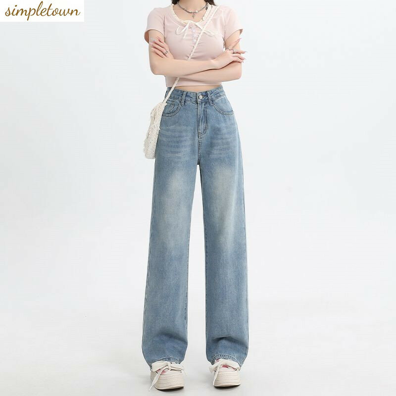 กางเกงยีนส์ขากว้างย้อนยุคสำหรับผู้หญิง2024เข้ารูปเอวสูงเวอร์ชั่นเผ็ดเผ็ดแคบของเด็กผู้หญิงกางเกงขาบาน