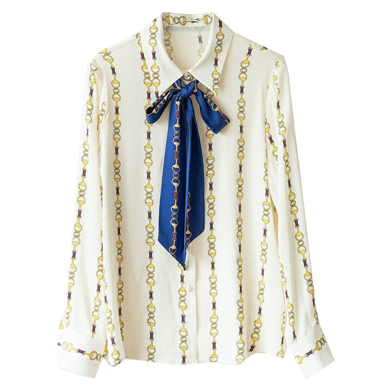 Camisa de seda mulberry para mulheres, elegante camisa de lapela, fita impressa, cor contrastante, temperamento pendular, alta qualidade, Y2k