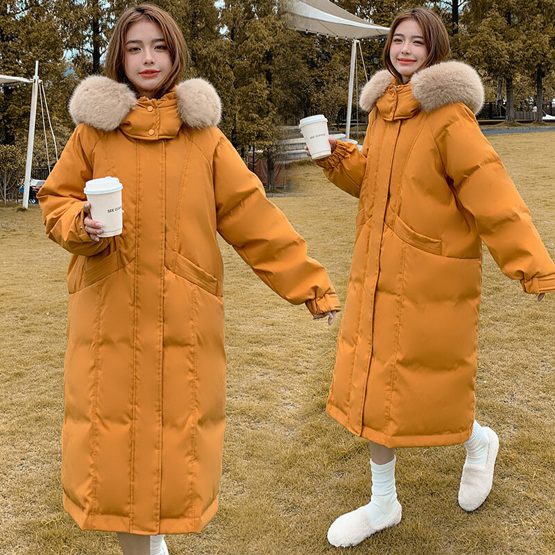 2022フード付き肥厚ダウンジャケット女性90% ホワイトダック毛皮の襟ロング韓国大サイズコート色ウォームソフトジャケット