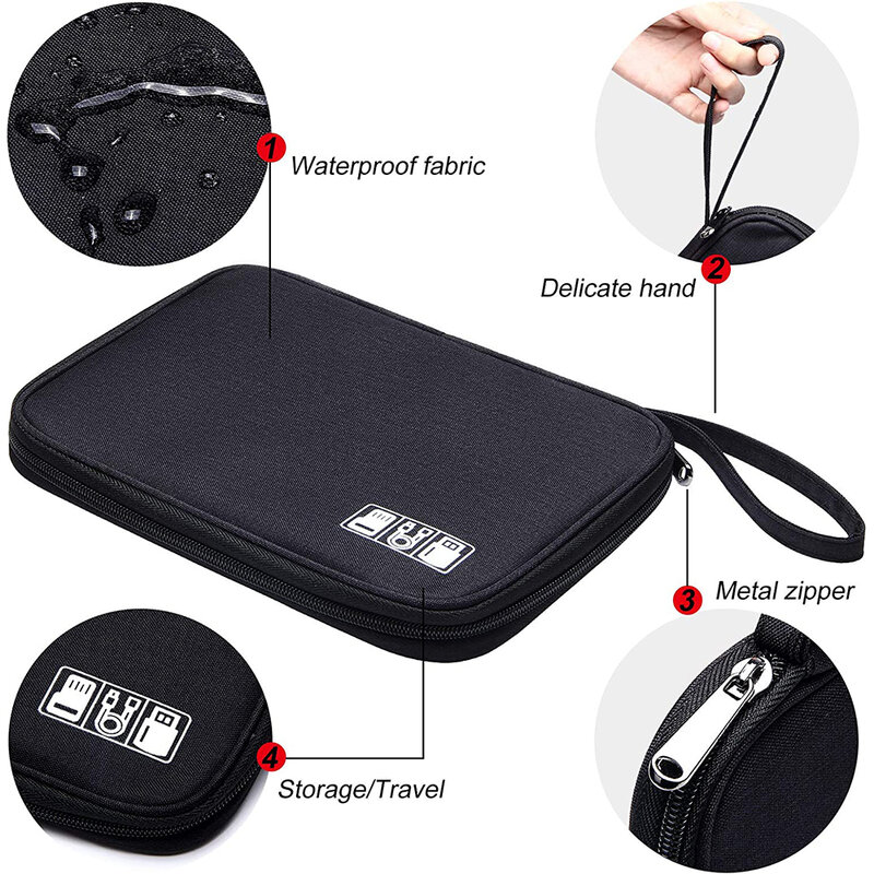 ที่เก็บสายกระเป๋าเก็บกระเป๋าอุปกรณ์เสริมกรณีกระเป๋ากันน้ำสำหรับสายเคเบิล USB SD Card แบตสำรองห...