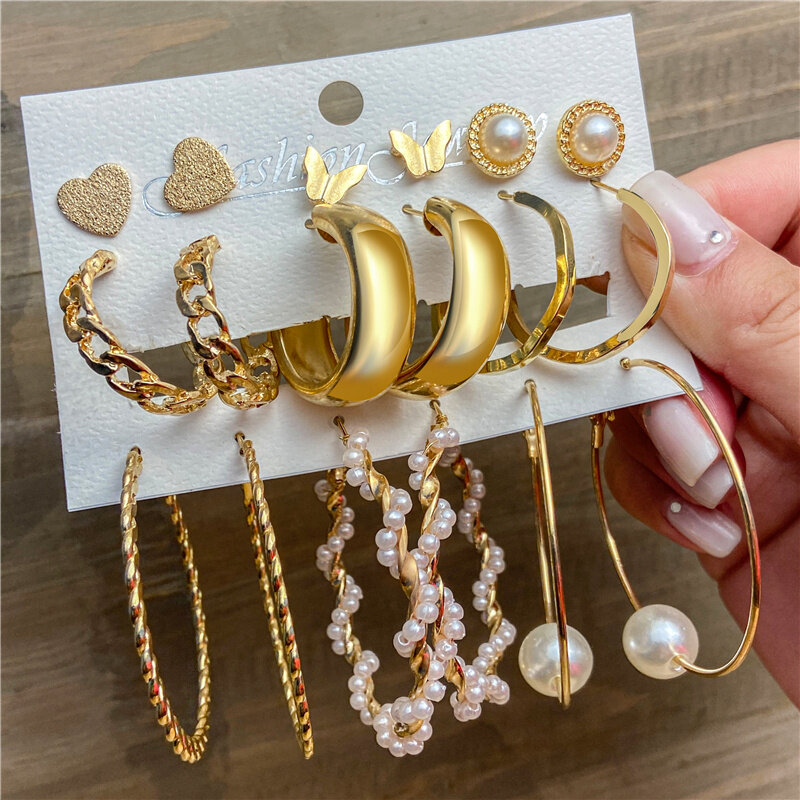 Conjunto de pendientes de aro dorados para mujer, aretes de perlas de gran tamaño, círculo de Metal, pendientes Punk, joyería femenina 2020