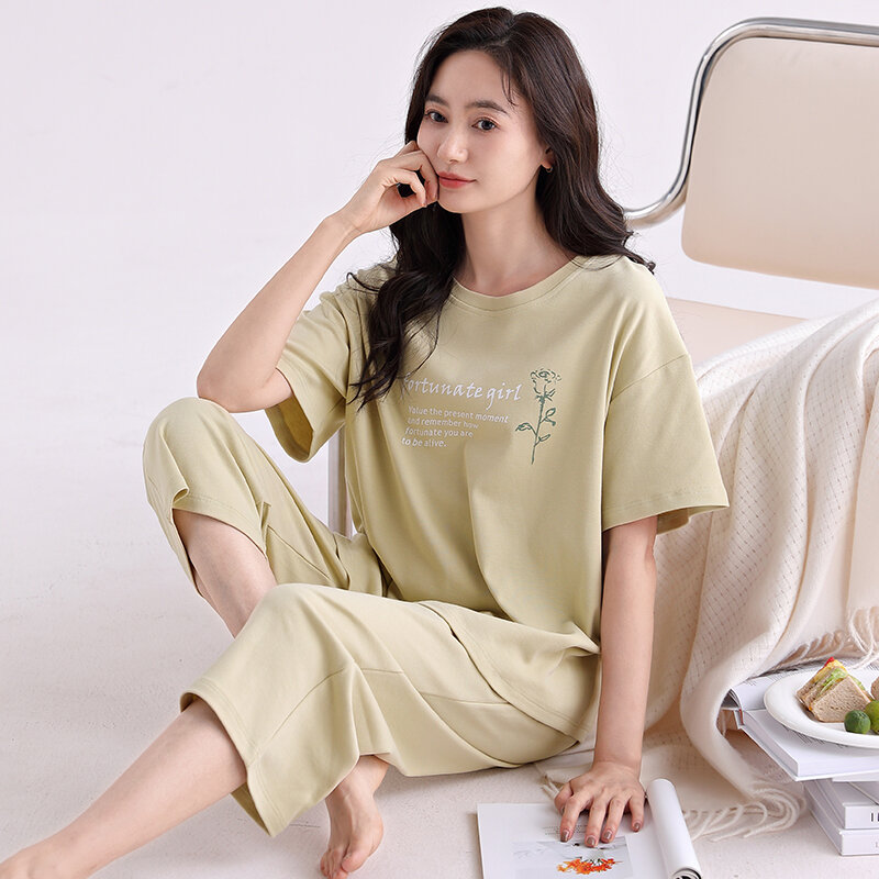 Newest Summer Pajamas Set Ladies 100% Cotton Sleepwear Female Short Top+Calf-Length Pant Casual Pyjamas