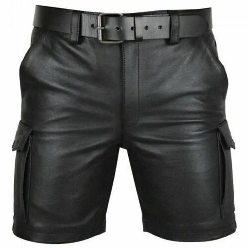 Shorts de couro PU estilo punk masculino, cor sólida, casual, curto, clube, tendência da moda, verão, novo