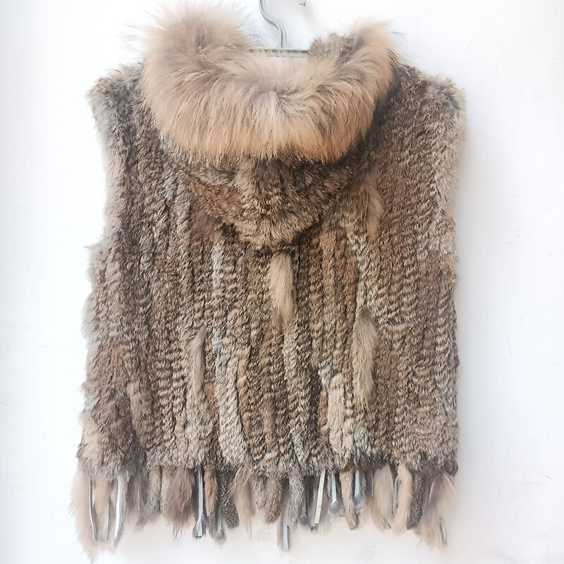 Women Hooded Knitted Real Rabbit Fur Vest With Real Raccoon Fur Collar Fashion Sleeveless Genuine Rabbit Fur Gilet Outwear