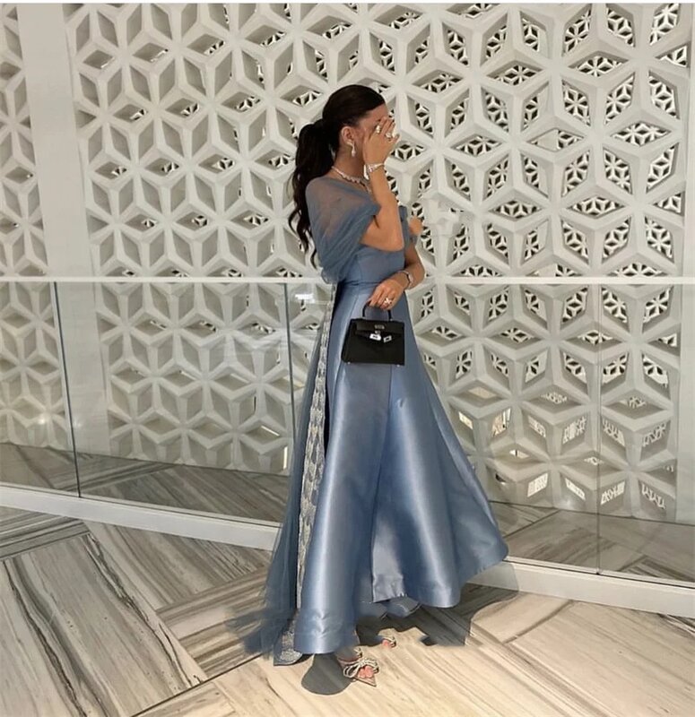 Saudi Arabian women's gray satin evening dress, sheer sleeves, knee length ball dress, formal occasion dress, party elegance