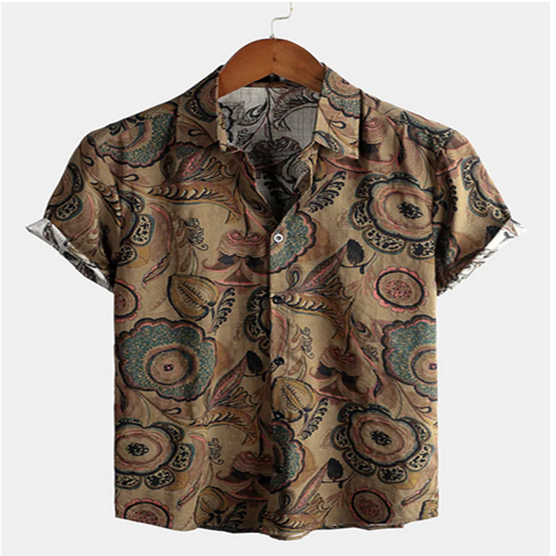 男性用半袖Tシャツ,レトロスタイル,エスニックプリント,カジュアル,ボタン付き,ヴィンテージ,特大