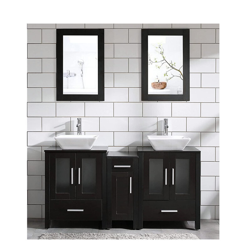 Szafka łazienkowa Szklana umywalka Podwójna górna czarna tekstura drewna Nowoczesna z kranem spustowym i lustrem