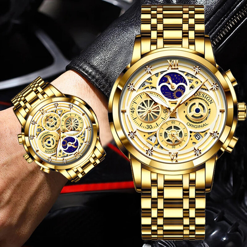 Big LIGE Men Watch Stainless Steel Top Quailty Luxury  Waterproof Luminous Chronograph  Date Sport Wrist Watches+Box