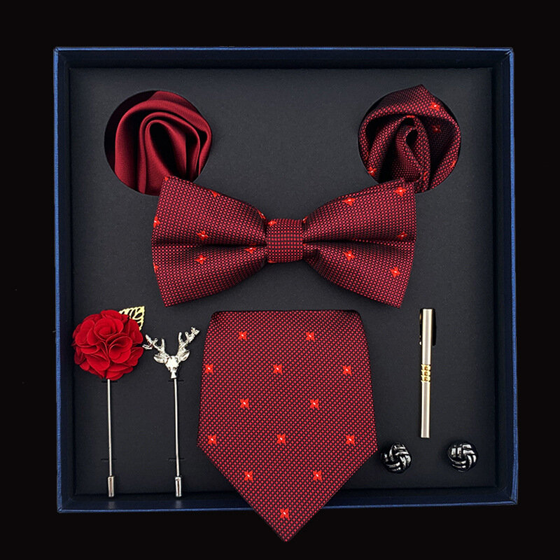 High Quality 8pcs Set Men's Necktie Luxury Ties + Bowties +Pocket Square + Brooch+ Cufflinks +Tie Clip Sets with Gift Box