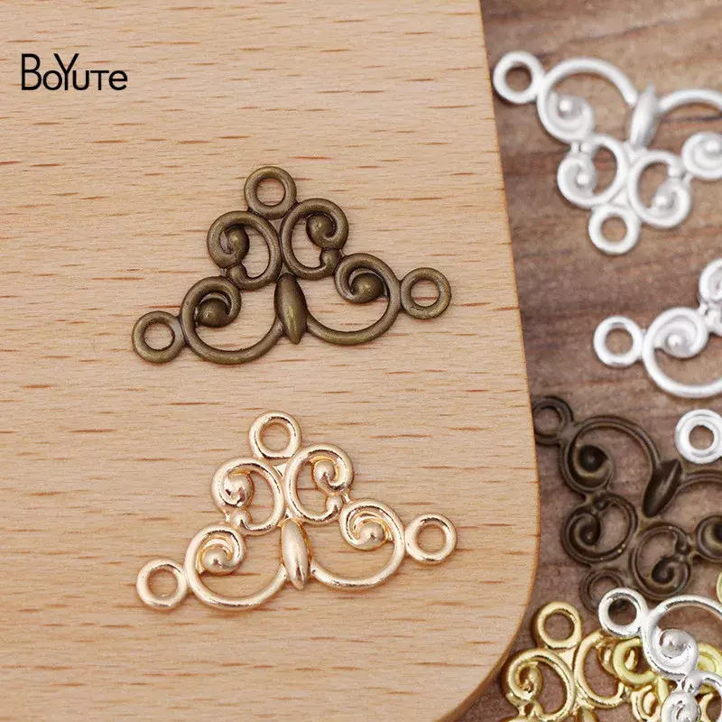 BoYuTe (200 Pieces/Lot) 18*10MM Metal Brass Filigree Plate with 3 Loops Connector Charms DIY Jewelry Accessories Parts