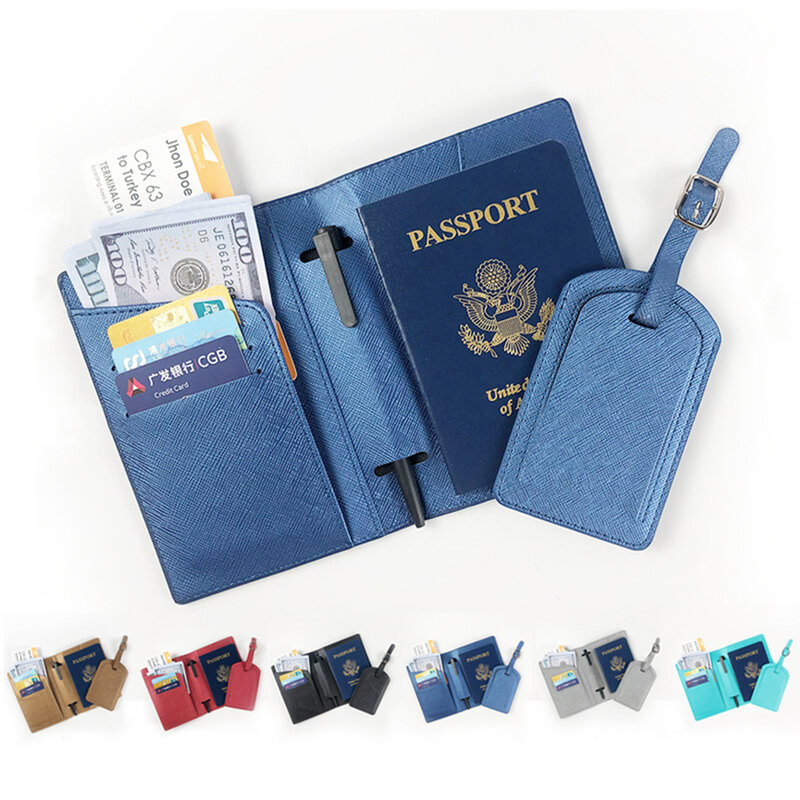 Set Tag Bagasi Sampul Paspor Nama Kustom Mode Saffiano Kulit PU Tempat Paspor Tiket Personalisasi Dompet Travel Huruf