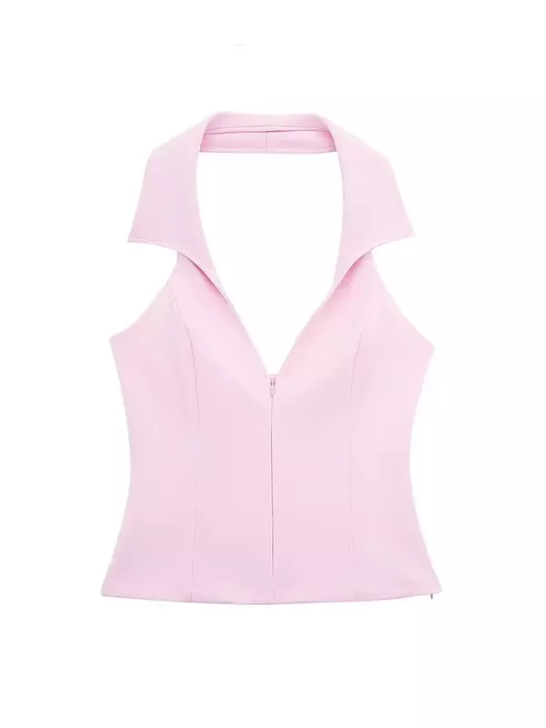 TRAF 2024 Women Casual Skirts Shorts Set Chic Halter Shirt Neck Backless Top & Shorts Sweet Pink Summer Sexy Shorts Sets