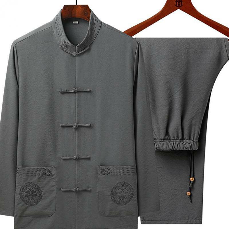 Costume Tang en coton et lin pour hommes, manteaux et pantalons brodés, Tai Chi, vêtements de Performance pour printemps et automne