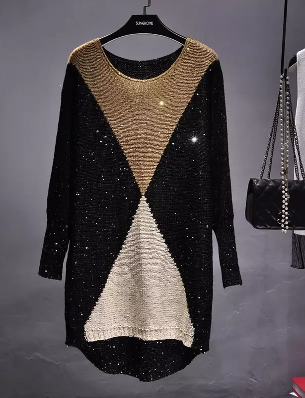 The European  Fashion Women Long Breeze Light Film Loose Sweater Knit Knitted   Sequined  Patchwork  Sweaters for Women