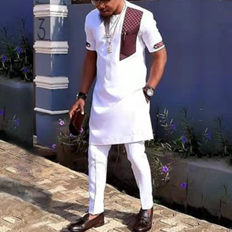 Abito da uomo africano caftano camicia bianca con cuciture a maniche lunghe e pantaloni sociali Set da 2 pezzi abbigliamento da uomo firmato per la festa nuziale