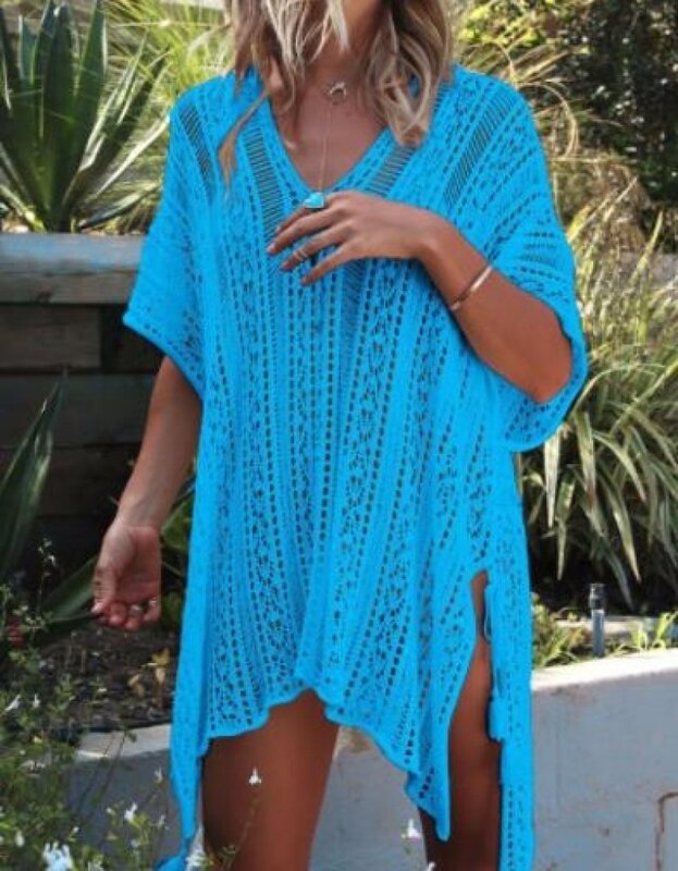 Summer Women's Vacation Swimwear Hollow Out V-neck Loose Fitting Knitted Bikini Top Beach Sun Protection Clothing Dress Cover-Up