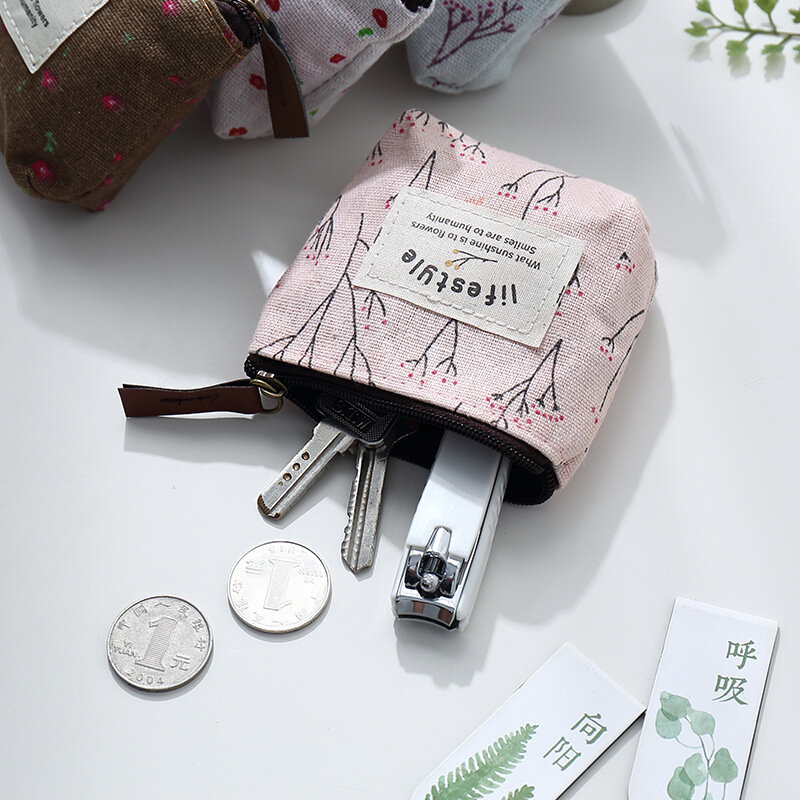 Porte-monnaie en toile avec petites fleurs, accessoire de rangement pour clés et clés, pochette à fermeture éclair, porte-cartes