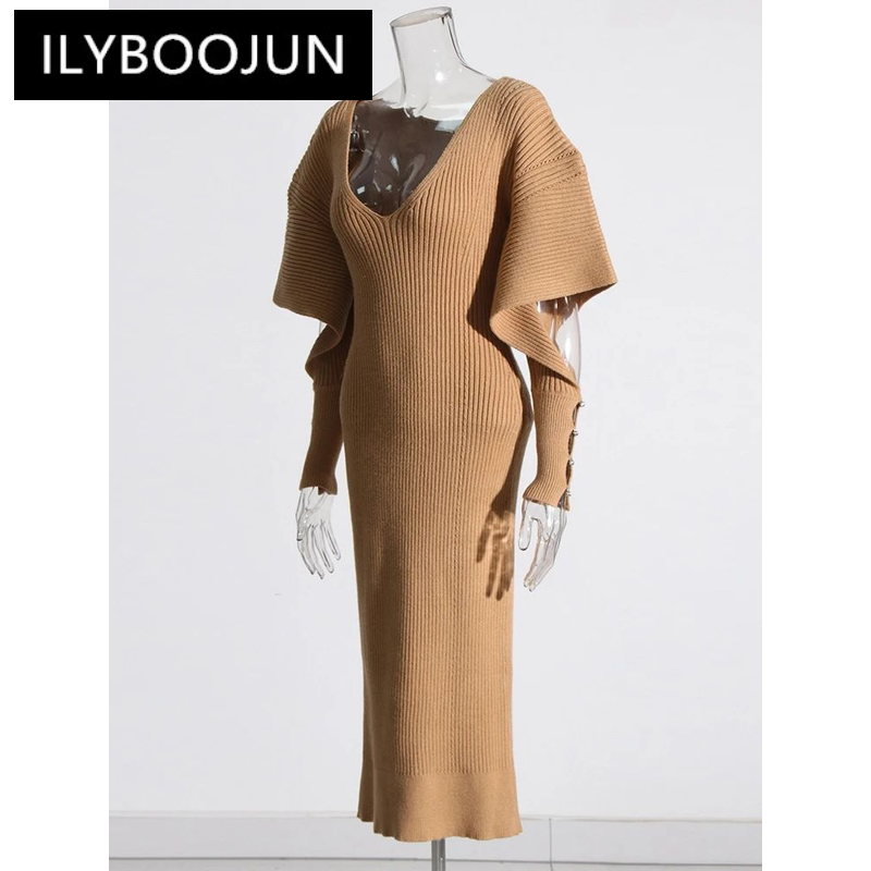 ILYBOOJUN Hollow Out Minimalist Dresses For Women V Neck Long Sleeve High Waist Pullover Autumn Dress Female Fashion Clothes