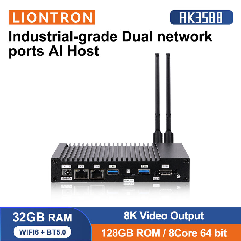 Liontron Powerful Mini PC, Fanless Industrial PC, RK3588 Octa Core CPU, 32GB RAM, 128GB Storage, 6Tops NPU, Android 12 Linux