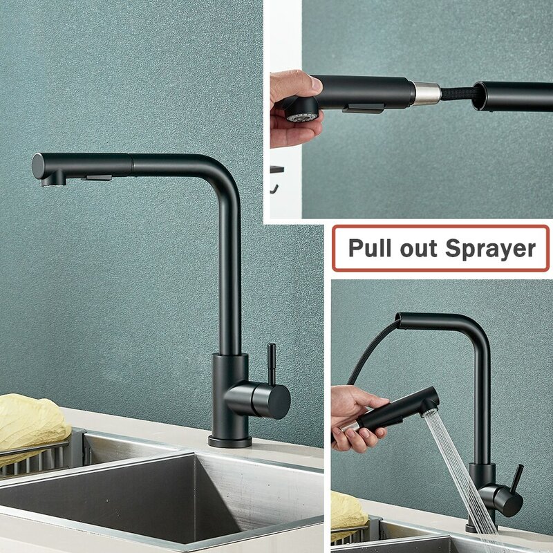 Black Pull Out Kitchen Sink Faucet Flexible 2 Modes Stream & Sprayer Nozzle Faucets Stainless Steel Hot Cold Wate Mixer Tap Deck