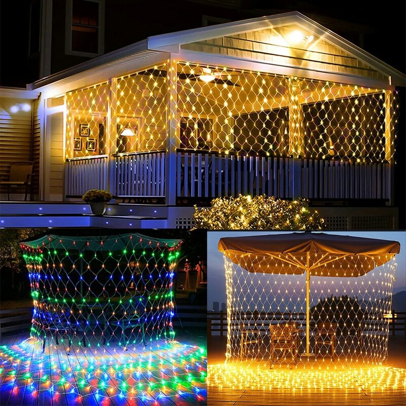Red de pesca al aire libre LED de 3M-54M, luces de hadas navideñas, cortina de guirnalda de calle de jardín, decoración de ramadán de árbol de boda 2023