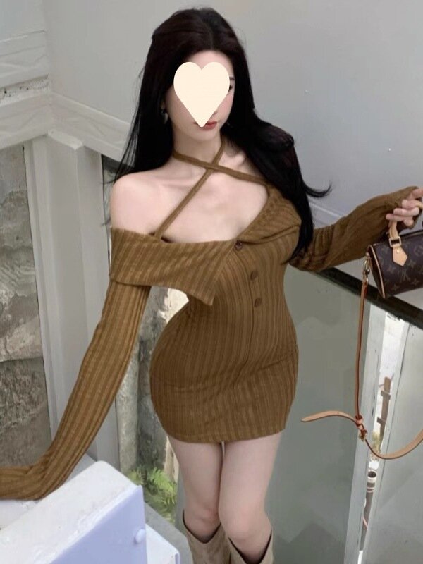 2023 Summer New Strap One Shoulder Pure Desire Knitted Dress elegant Spicy Girl Sexy Long sleeved Lapel Wrapped Hip Skirt VI3O