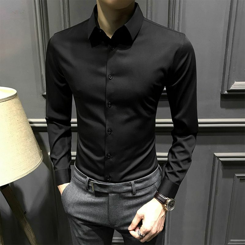 Рубашка мужская однотонная с длинным рукавом, деловой Повседневный однотонный топ, приталенная модная одежда, весна-осень