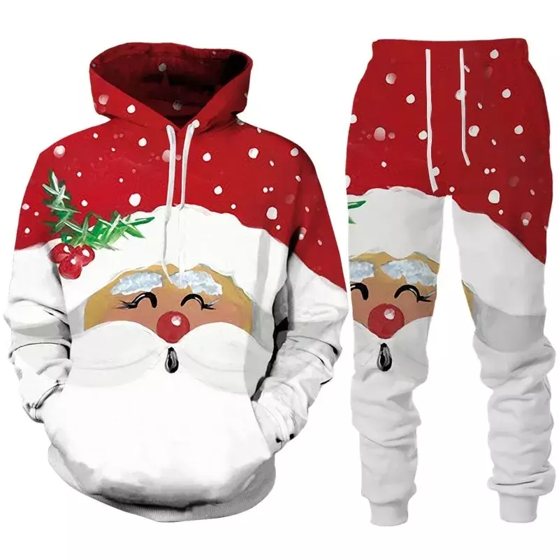 Спортивный костюм мужской с 3D-принтом Санта Клауса, Свитшот и штаны с капюшоном, повседневная одежда для рождественской вечеринки, комплект с толстовкой