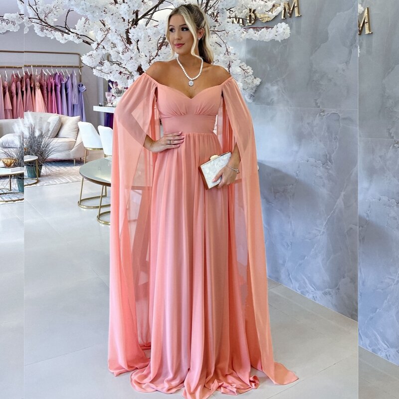 Chiffon Draped Cocktail Party A-line Off-the-shoulder Bespoke Occasion Gown Long Dresses