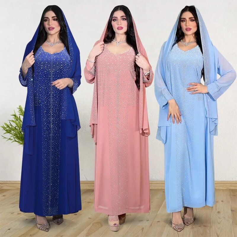 Saudi Arabic Two Piece Set Hijab & Party Dress for Women Muslim Abaya Diamond Scarf Dresses Vestidos Mujer Kaftan Abayas Robe
