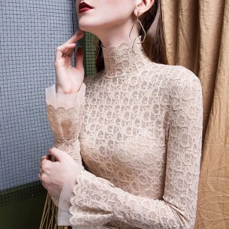 Dames gebloemde kant pure blouse met hoge hals, slanke pasvorm, sexy nerdekleding, herfst, winter, nieuw, 2023