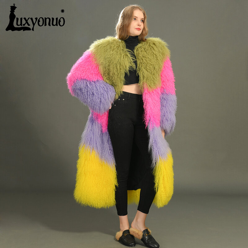 Luxyonuo-Casaco de pele mongol real para mulheres, casaco longo, pele de ovelha natural, cor mista, moda feminina, novo estilo, 2023