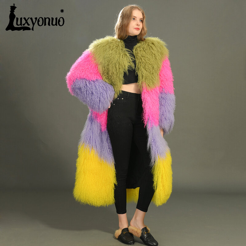 Luxyonuo Real Mongolian Fur Coat Women Luxury Long Natural Sheep Fur Coat Ladies Fashion Mix Color Fur Jacket 2023 New Style