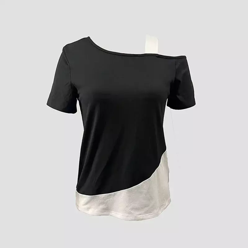 女性の非対称Tシャツ,裸の肩,半袖,シックな色,ブロック,単色,カジュアル,夏