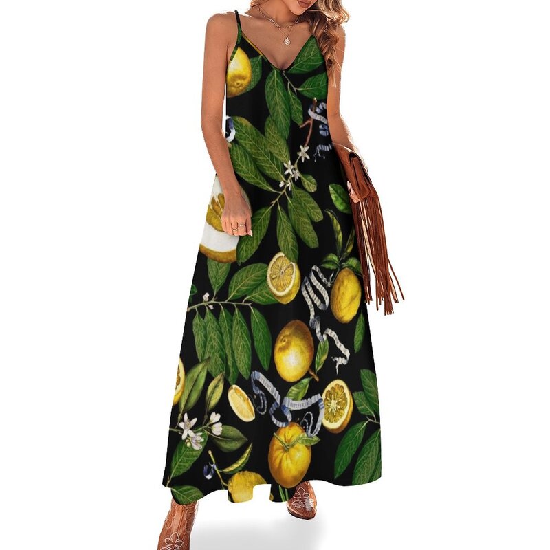 Lemon Tree-gaun hitam tanpa lengan wanita, jumpsuit musim panas, gaun kasual
