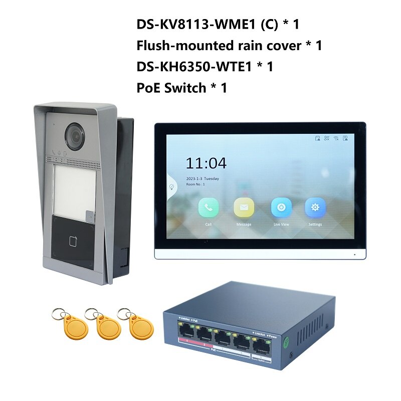 HIKVISION wielojęzyczny zestaw wideodomofon POE 802.3af, zawiera DS-KV8113-WME1(C) i DS-KH6350-WTE1 i przełącznik PoE