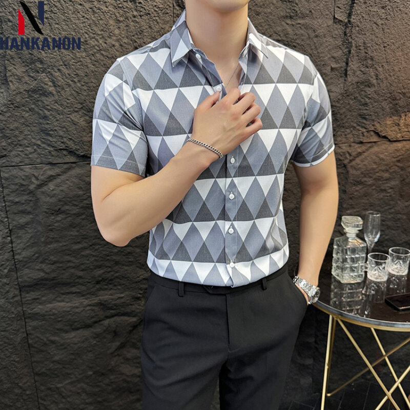Camisa masculina de manga curta estampada, leve e respirável, elegante camisa slim-fit, camisa casual de negócios, M-4XL