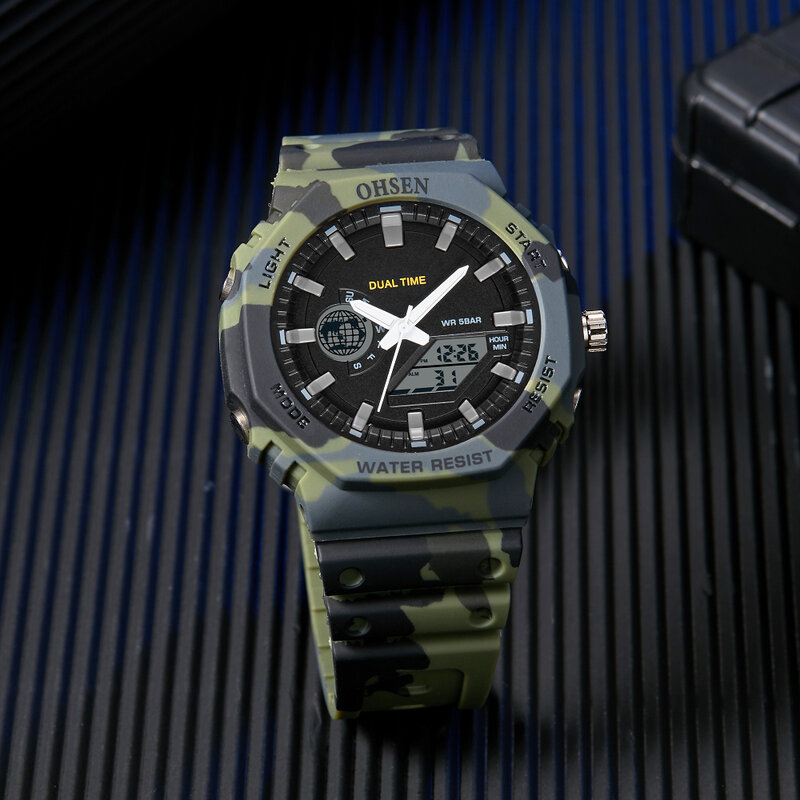 Novo relógio de quartzo digital led duplo tempo camuflagem verde do exército relógios pulso masculino à prova dwaterproof água reloj hombre