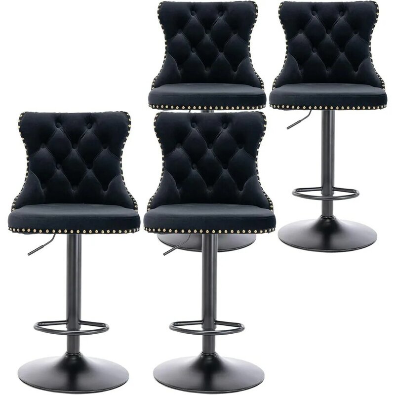 Bar Stool Conjunto de 4,Velvet Counter Altura Barstools, assento ajustável, cadeiras giratórias adornadas, base preta
